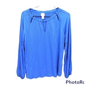 Chico's Women's Jersey Knit Peek-A-Boo Peasant Top Size 0/S/4 Blue Long Sleeve